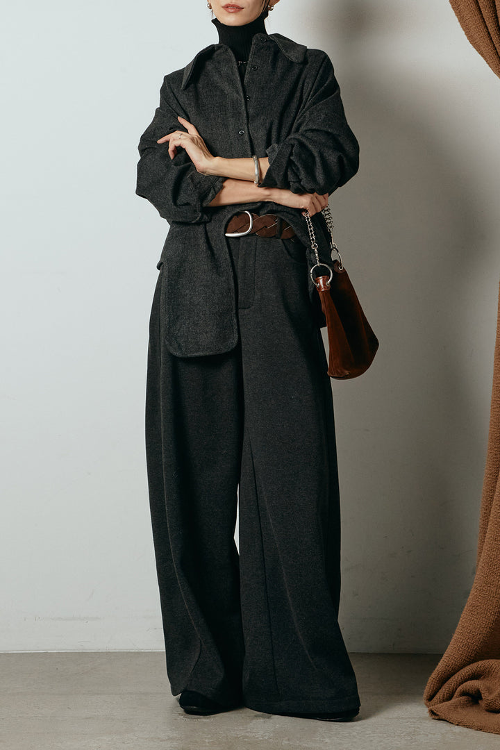 [SET]裾アシンメトリーデザインシャツ+編みベルト付きワイドパンツ+リブニットシームレスタートルプルオーバー(3set)