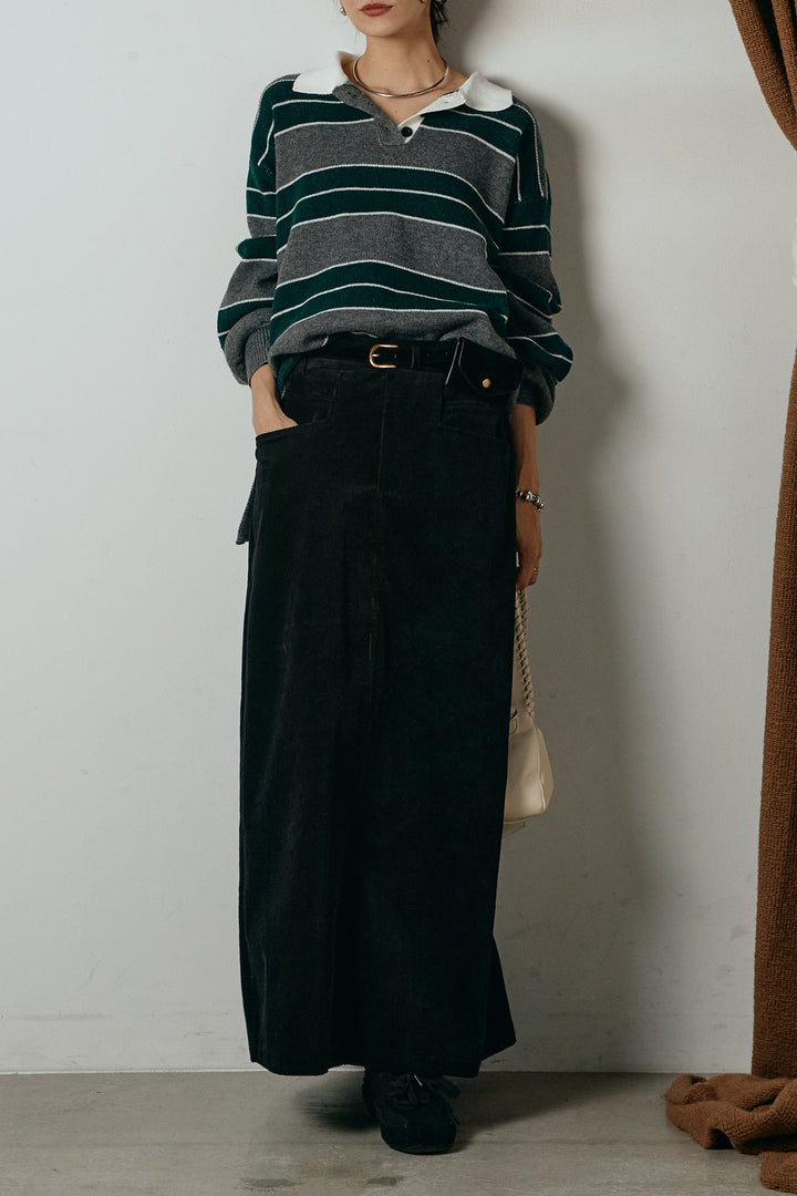 [SET]ラガーニットボーダーポロプルオーバー+ポーチベルト付きコーデュロイワイドスカート(2set)