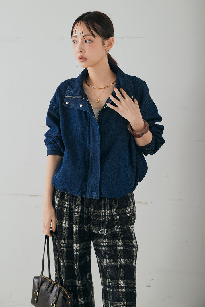 [SET]スタンドカラーデニムブルゾンジャケット+レースチェックワイドイージーパンツ(2set)