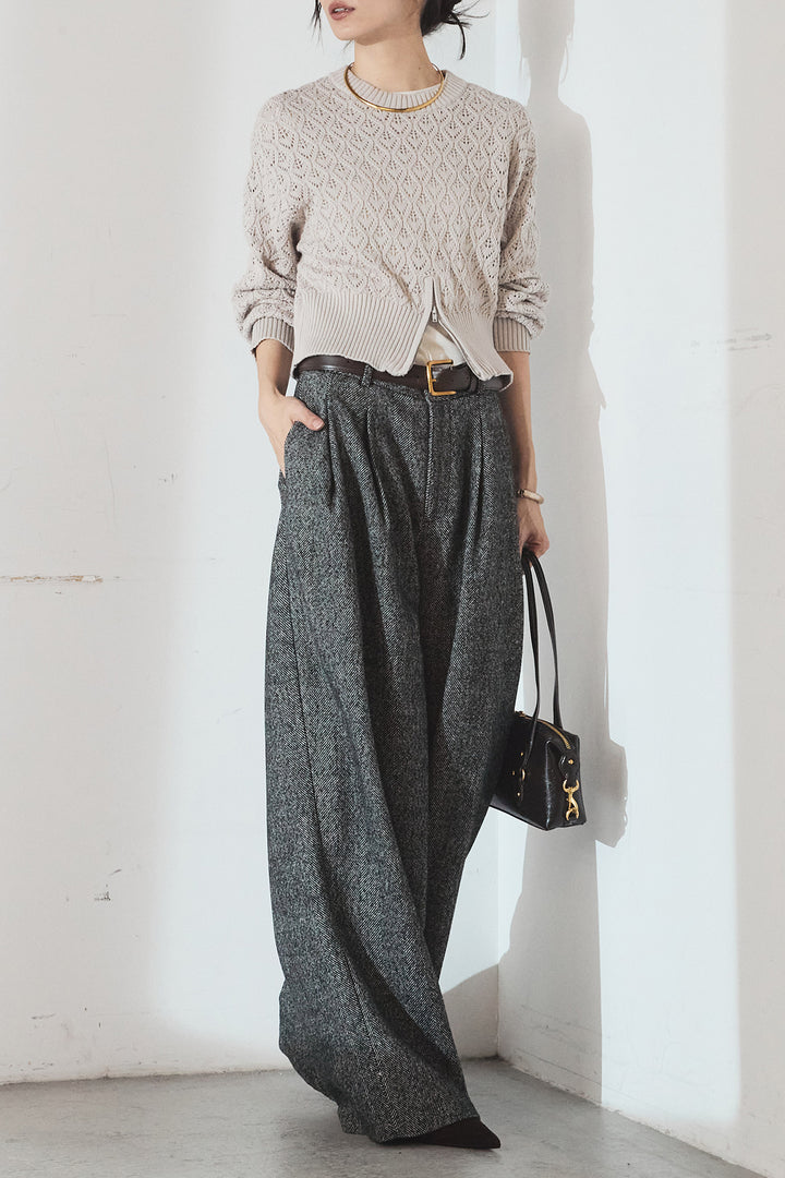 [SET]透かし編みニットジップスリットプルオーバー+タックツイードワイドパンツ(2set)