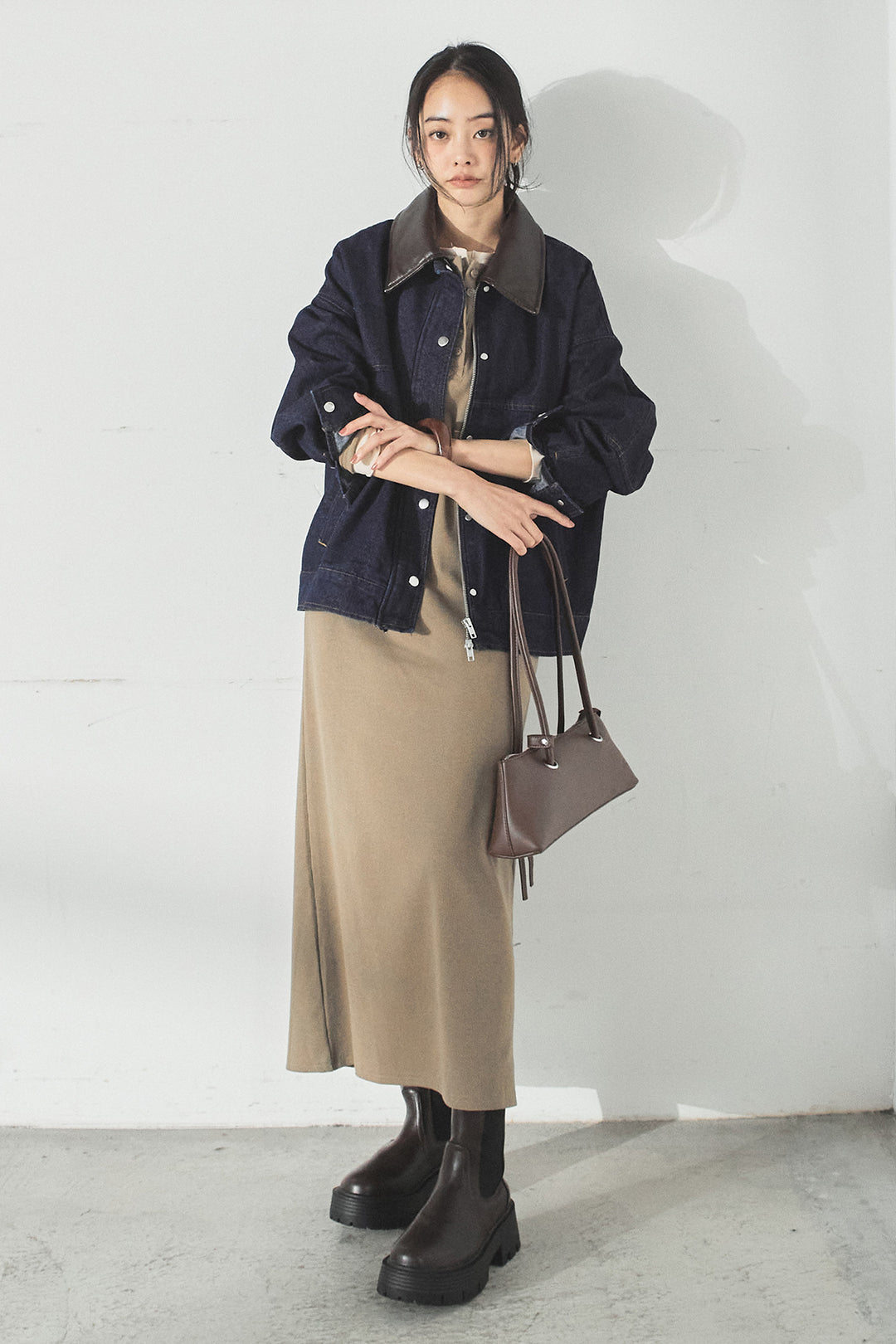 [SET]加工デニムレザー襟付きデニムブルゾン+カットリブレイヤードヘンリーネックワンピース(2set)