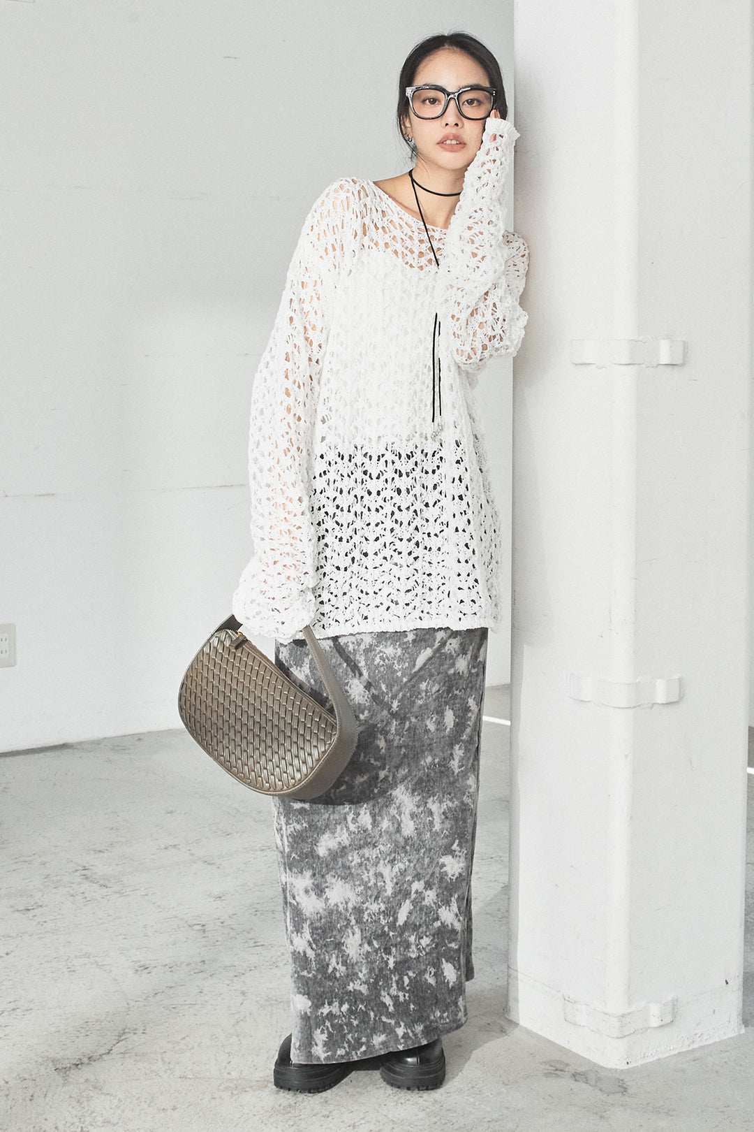 [SET]リラックスメッシュニットトップス+タイダイ柄ベロアワイドスカート(2set)