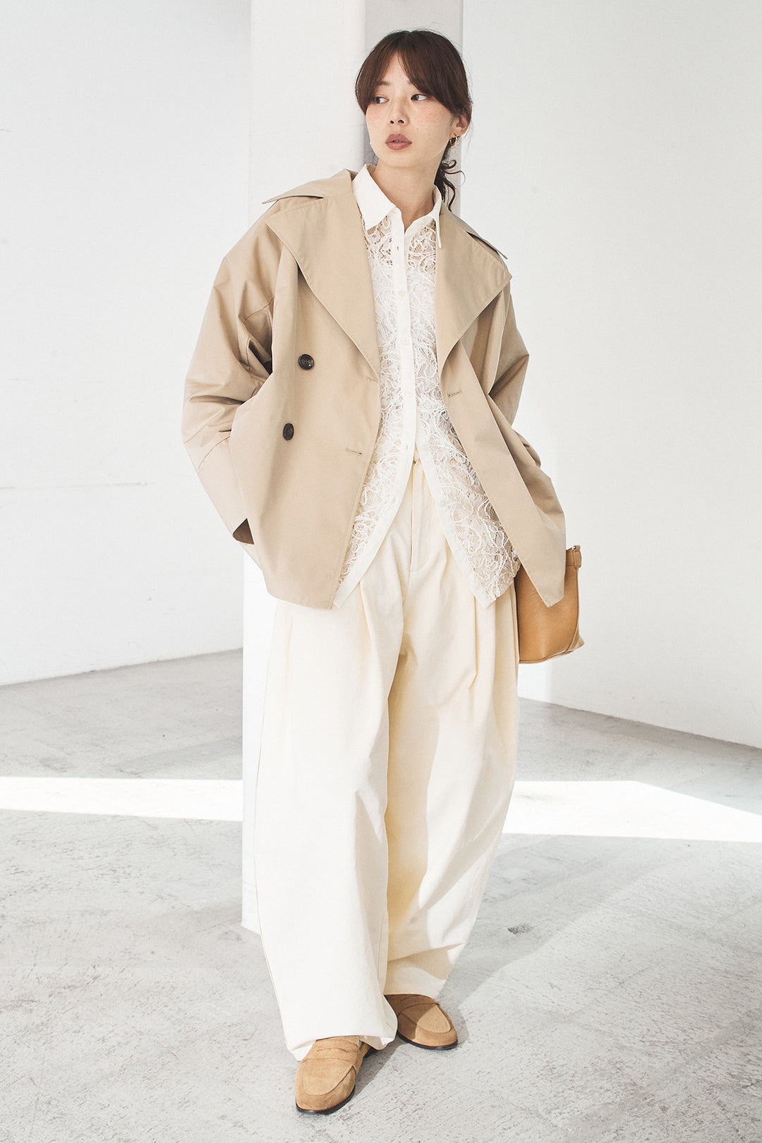 [SET]ナイロントレンチコート+合繊ツイルパイピングタックカーブパンツ+刺繍レースオーバーサイズシャツ(3set)