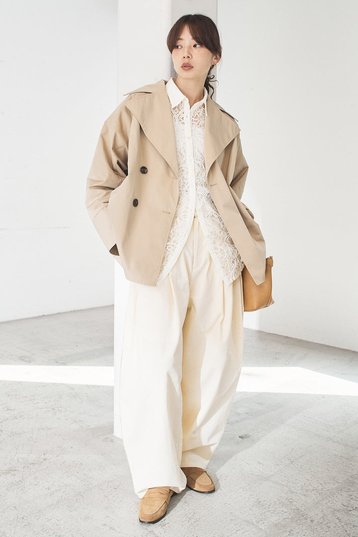 [SET]ナイロントレンチコート+合繊ツイルパイピングタックカーブパンツ+刺繍レースオーバーサイズシャツ(3set)