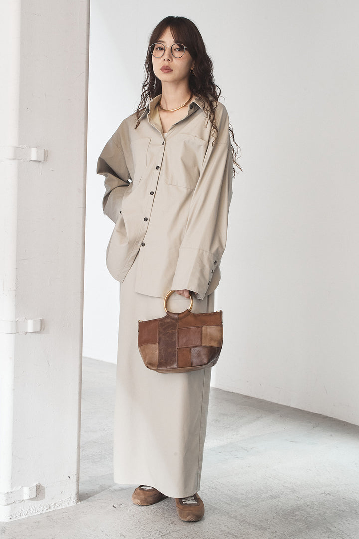 [SET]ウォッシャブルエコレザービックカフスシャツ+ウォッシャブルエコレザーナロースカート(2set)