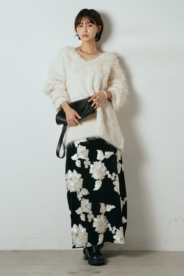 [SET]深Vネックシャギーニットトップス+フラワー刺繍ワイドスカート(2set)