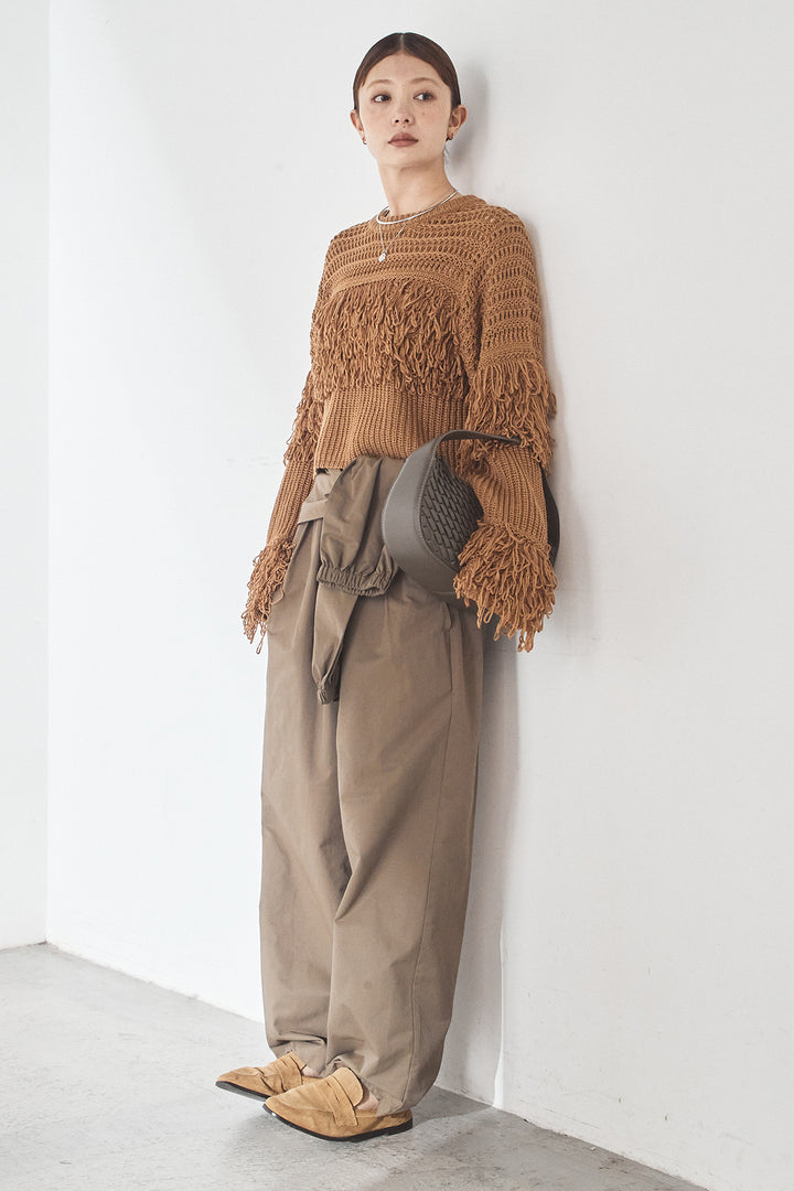 [SET]メッシュフリンジ切り替えプルオーバー+合繊ツイルスタンドウエスト巻きジョガーパンツ(2set)