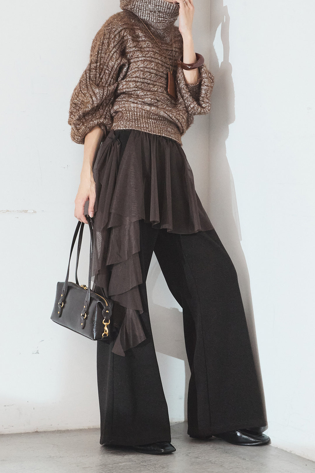 [SET]ミックス編みドルマンニットトップス+チュールレイヤードニットパンツ(2set)