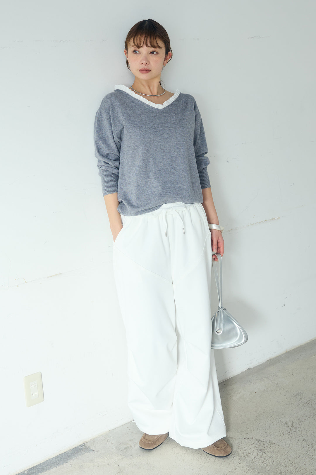 [SET]クールクール異素材コンビオフショルプルオーバー+ランダムタックデザインワイドパンツ(2set)