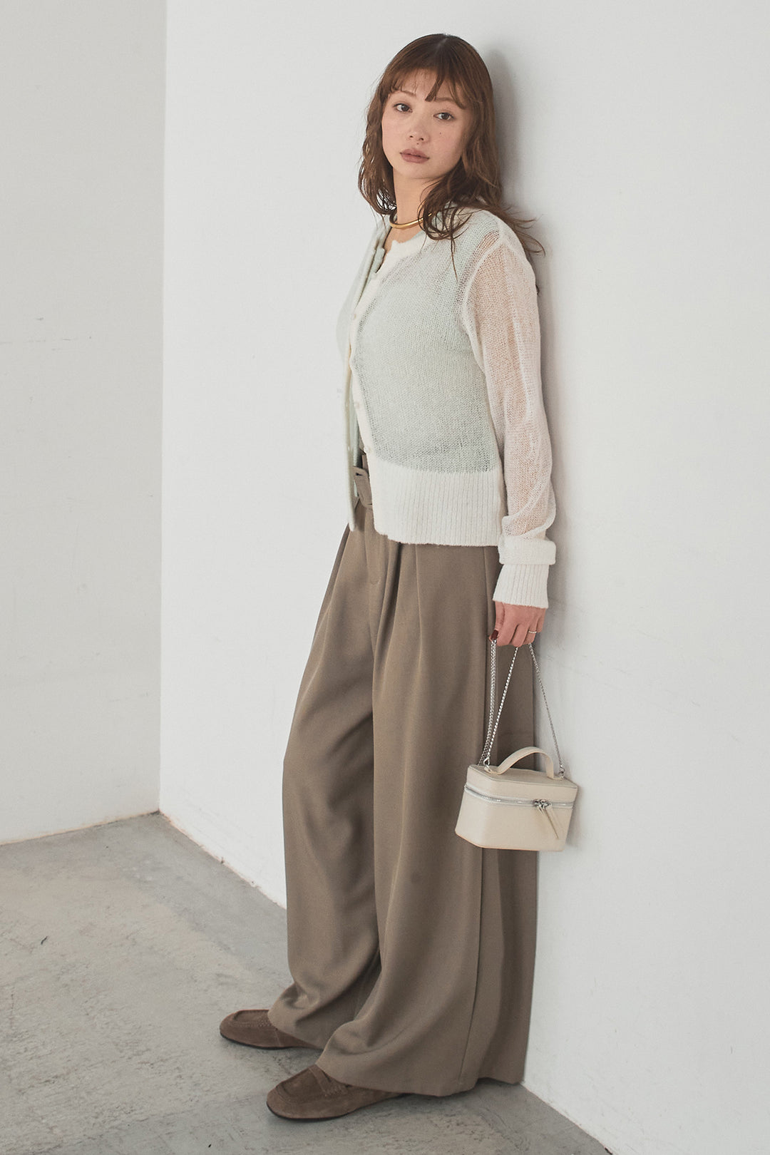 [SET]モヘア透かし編みレイヤードアンサンブルセット+ベルト付きツータックワイドパンツ(2set)