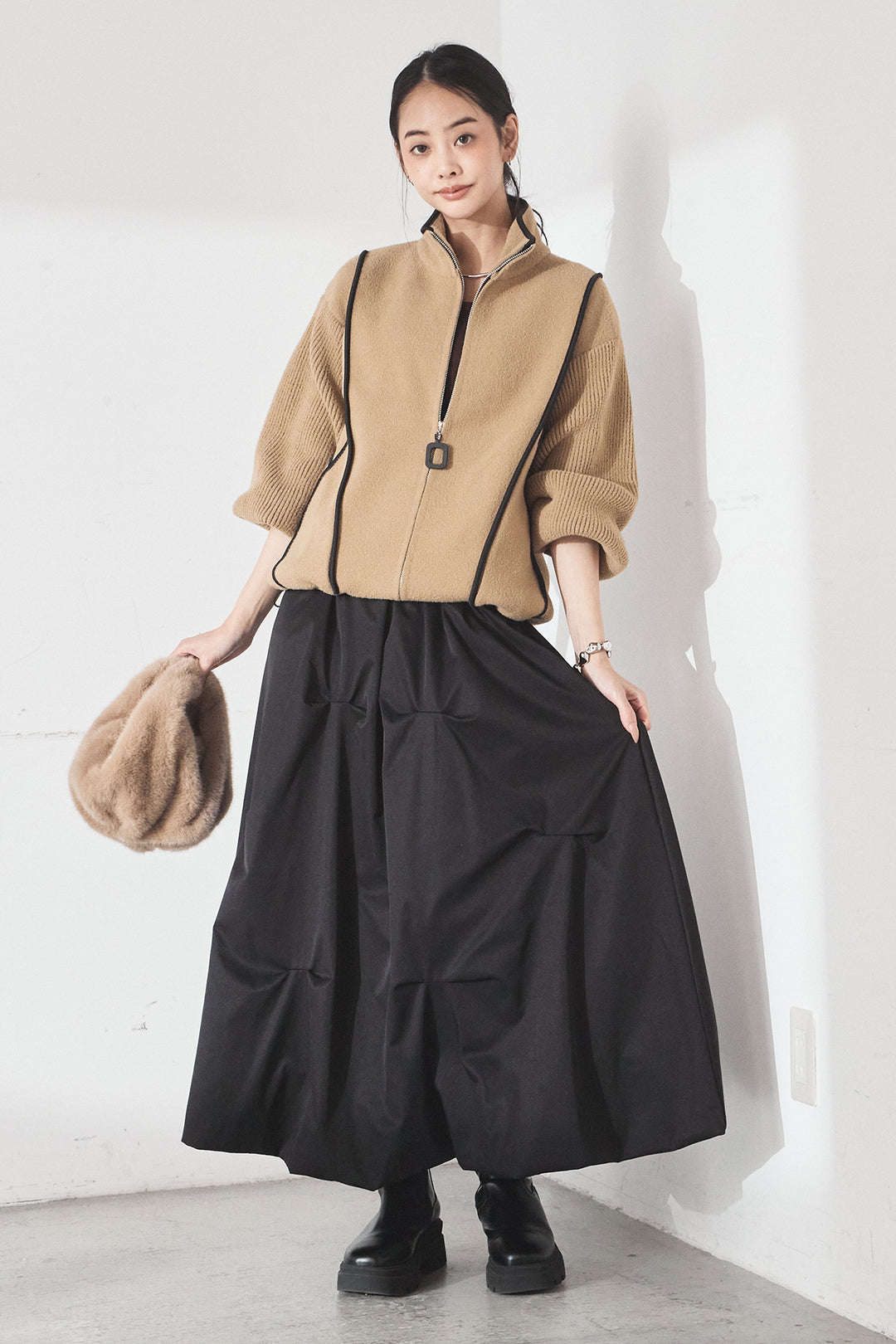 [SET]ハイネックパイピングデザインブルゾン+ランダムタックバルーンスカート(2set)