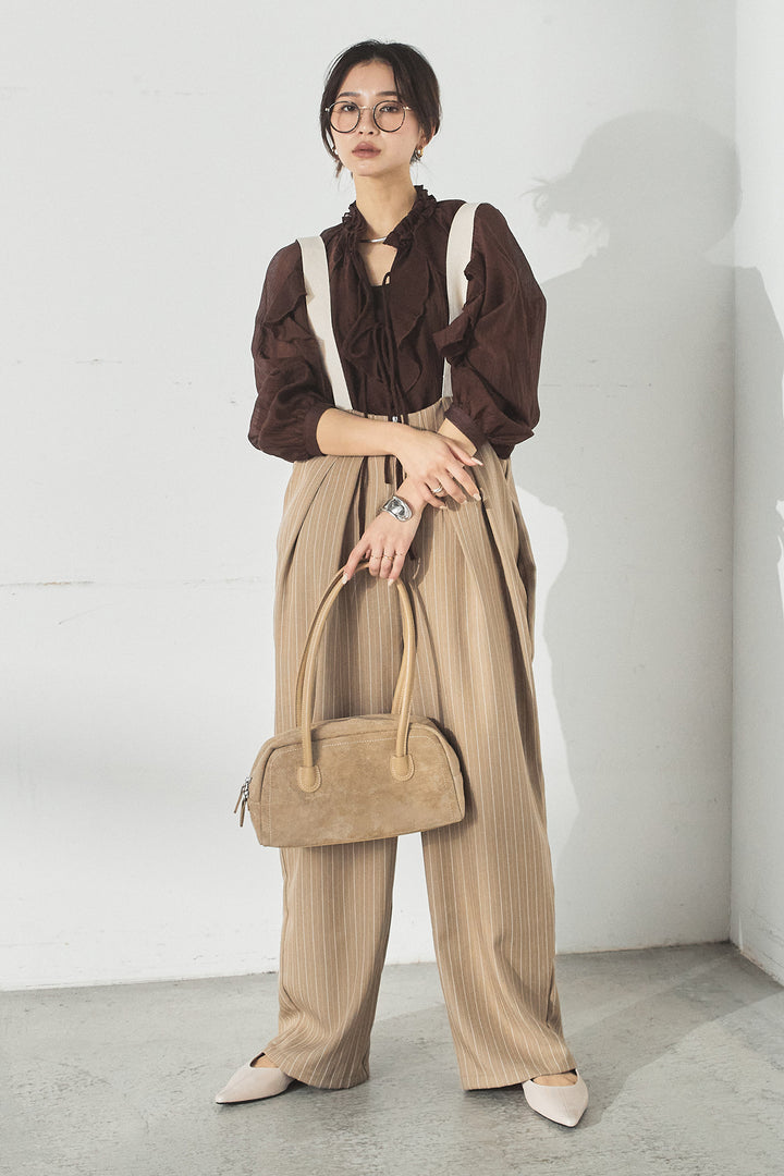 [SET]フロントリボンフリルブラウス+ピンストライプツータックサロペット(2set)