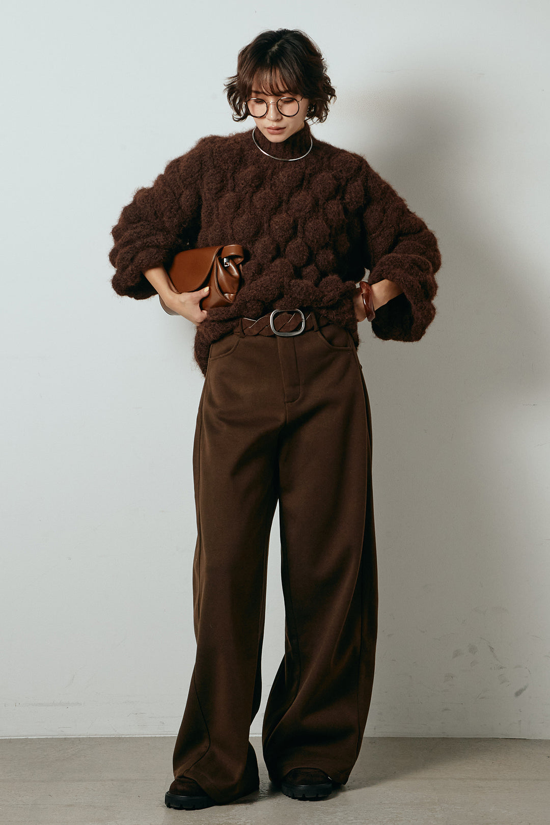 [SET]ボリュームポップコーンニットトップス+編みベルト付きワイドパンツ(2set)