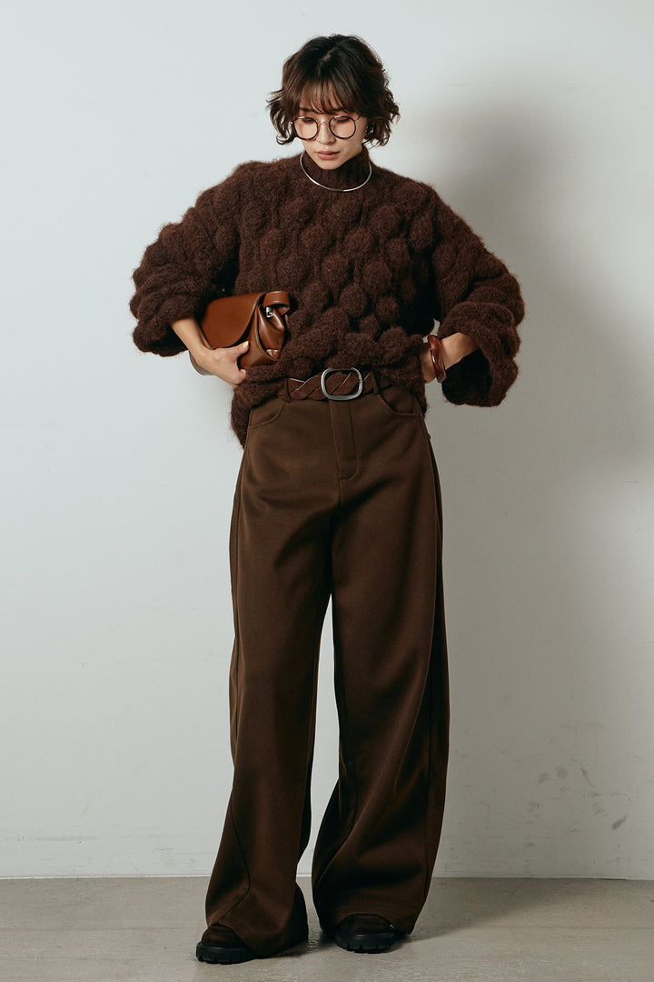 [SET]ボリュームポップコーンニットトップス+編みベルト付きワイドパンツ(2set)