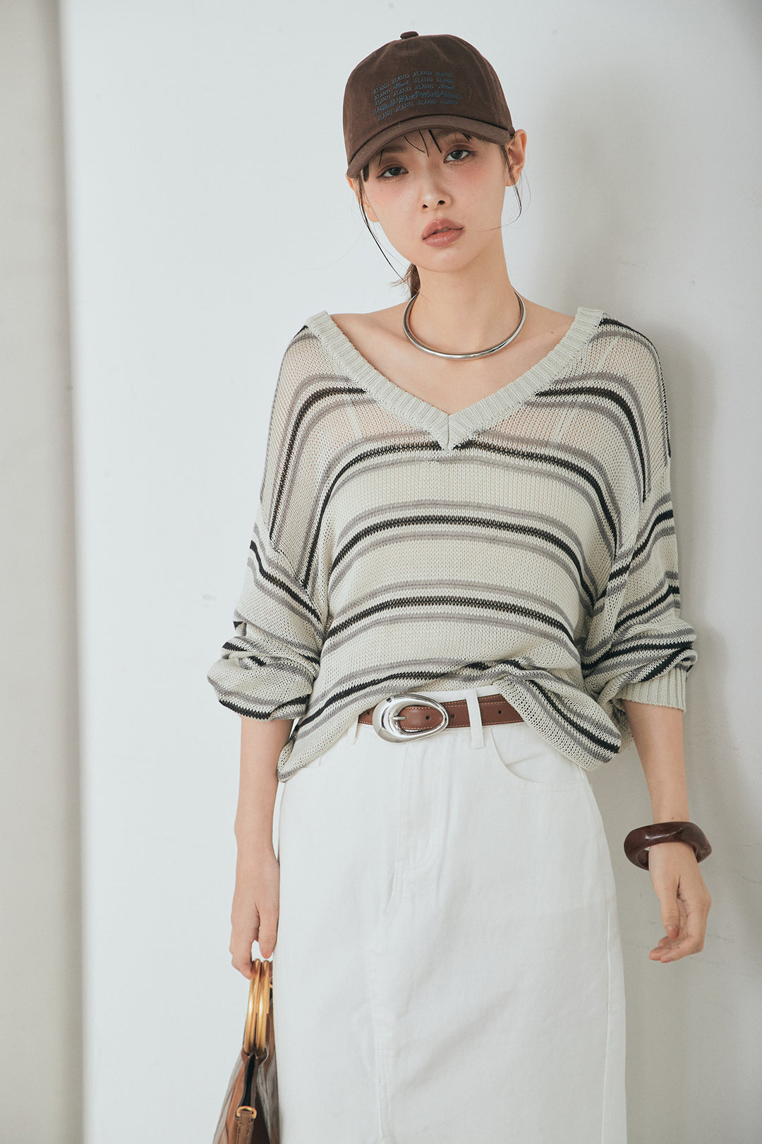 [SET]綿タッチVネックボーダートップス+裾レースデザインデニムスカート(2set)