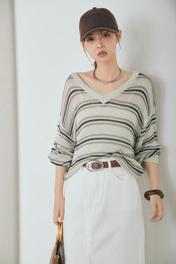 [SET]綿タッチVネックボーダートップス+裾レースデザインデニムスカート(2set)