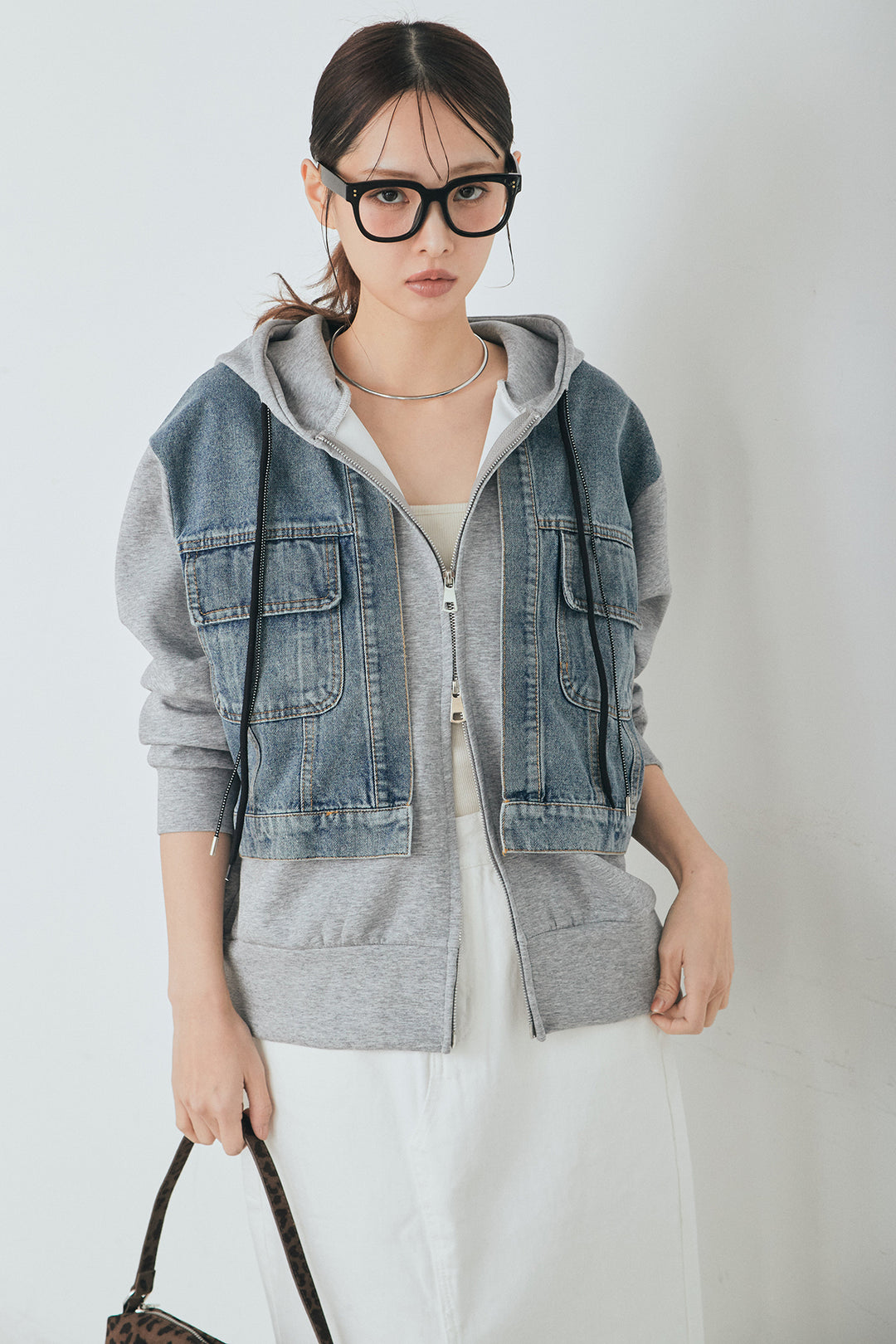 [SET]デニム切替ポンチダブルジップパーカー+裾レースデザインデニムスカート(2set)