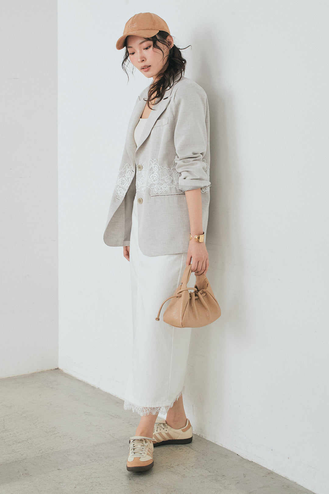 [SET]リネンタッチレースデザインジャケット+裾レースデザインデニムスカート(2set)
