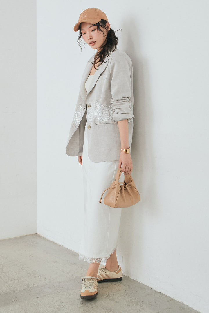 [SET]リネンタッチレースデザインジャケット+裾レースデザインデニムスカート(2set)