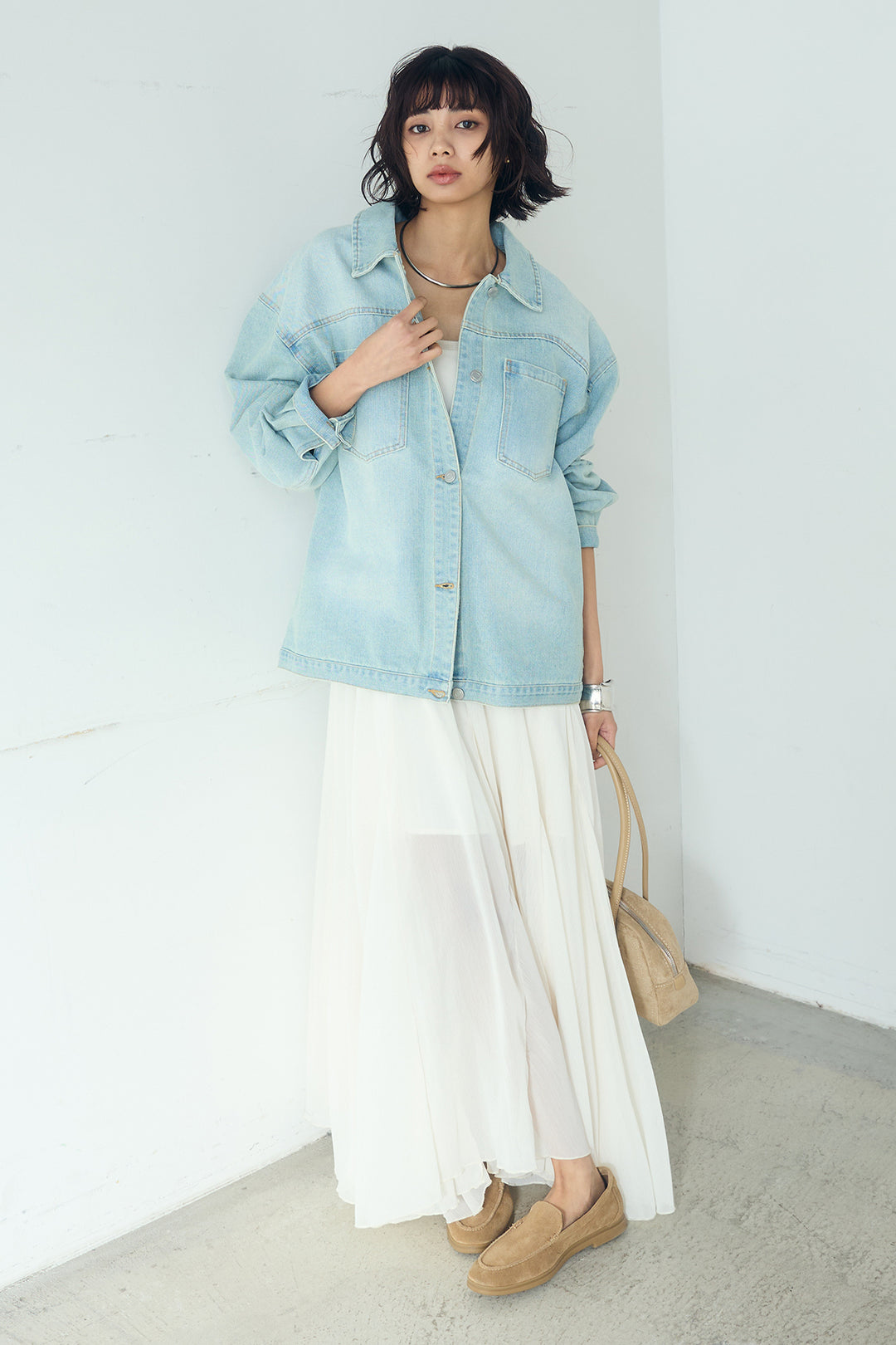 [SET]デニムオーバーサイズジャケット+シアーフリルキャミワンピース(2set)