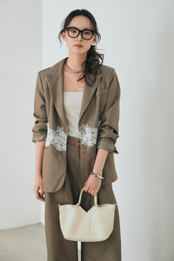 [SET]リネンタッチレースデザインジャケット+リネンタッチ細ベルト付きワイドパンツ(2set)