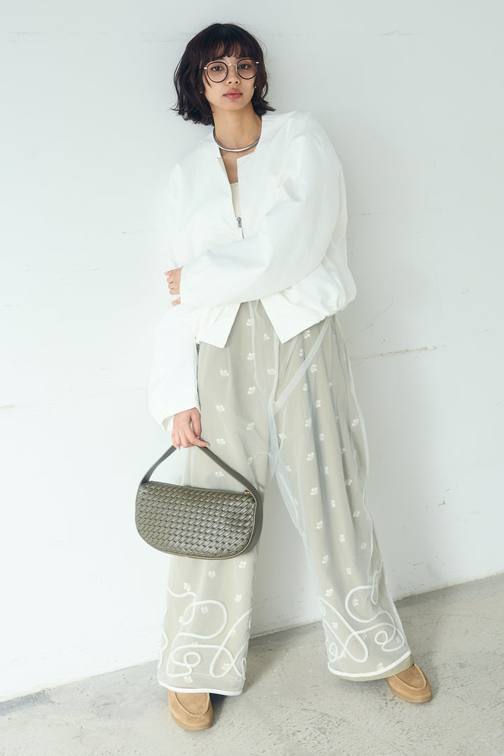 [SET]ノーカラーフロントギャザージップアウター+花柄刺繍ツイルタックパンツ+ニュアンスウェーブ刺繍シアーチュールパンツ(3set)