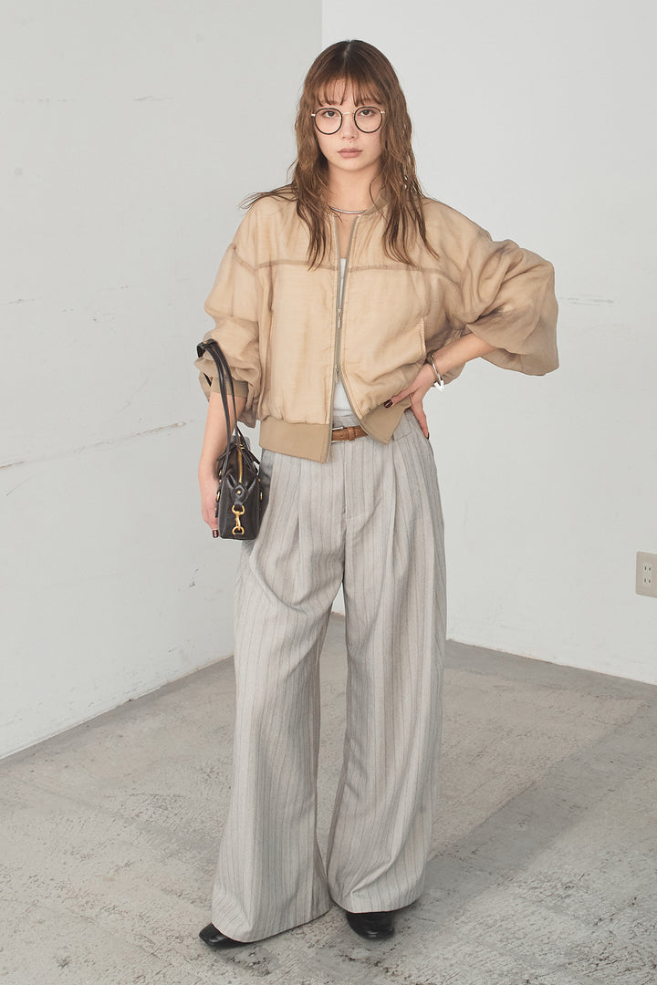 [SET]シアー×ポンチブルゾン+細ベルト付きピンストライプワイドパンツ(2set)