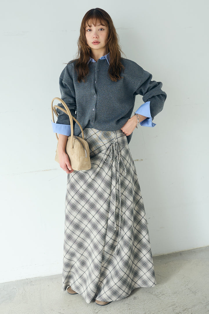 [SET]シャツレイヤード風カーディガン+タータンチェック柄フロントデザインスカート(2set)
