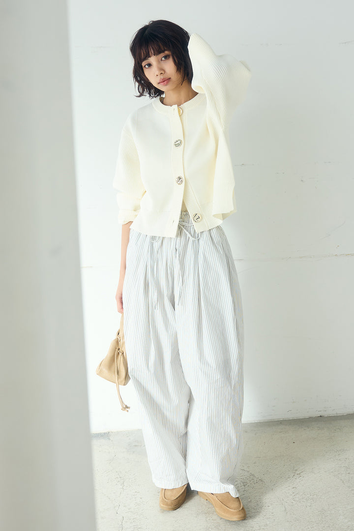 [SET]スポンディッシュBIGボタンクルーネックカーディガン+ランダムストライプタックギャザーパンツ(2set)