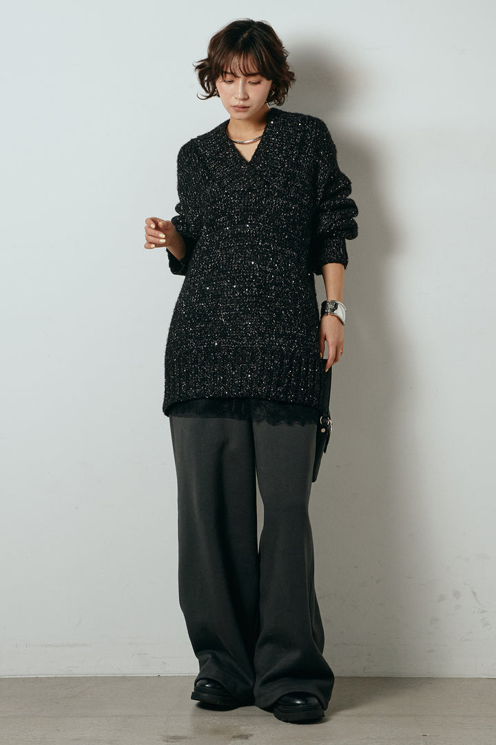 [SET]Vネックラメニットトップス+裏起毛スウェットワイドパンツ+レース切り替えキャミソール(3set)