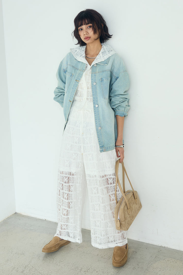 [SET]パッチワークレースショート丈フードシャツ+パッチワークレースイージーパンツ(2set)