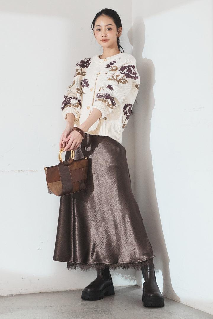 [SET]花柄ジャガードニットカーディガン+裾レースデザインサテンスカート(2set)