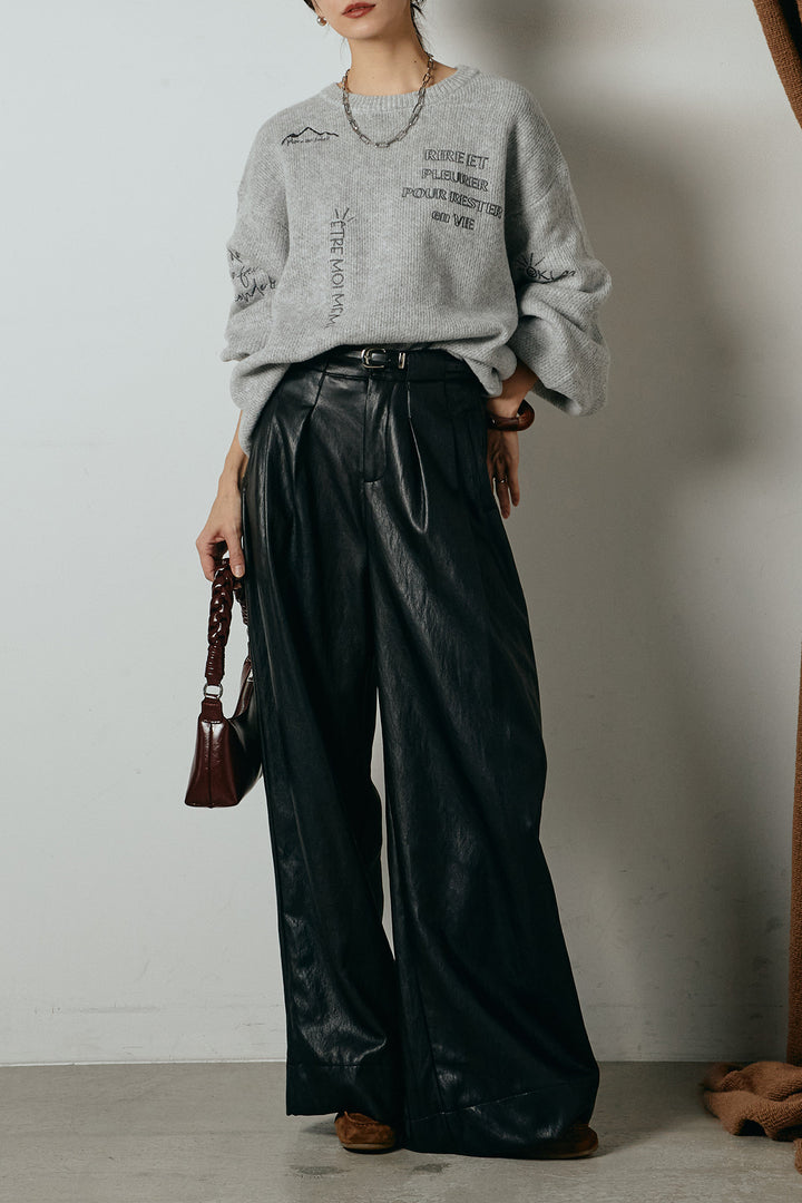 [SET]刺繍ロゴランダムデザインニットトップス+ベルト付きレザーライクタックパンツ(2set)