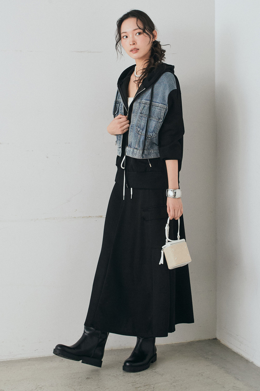 [SET]デニム切替ポンチダブルジップパーカー+リラックススウェットスカート(2set)