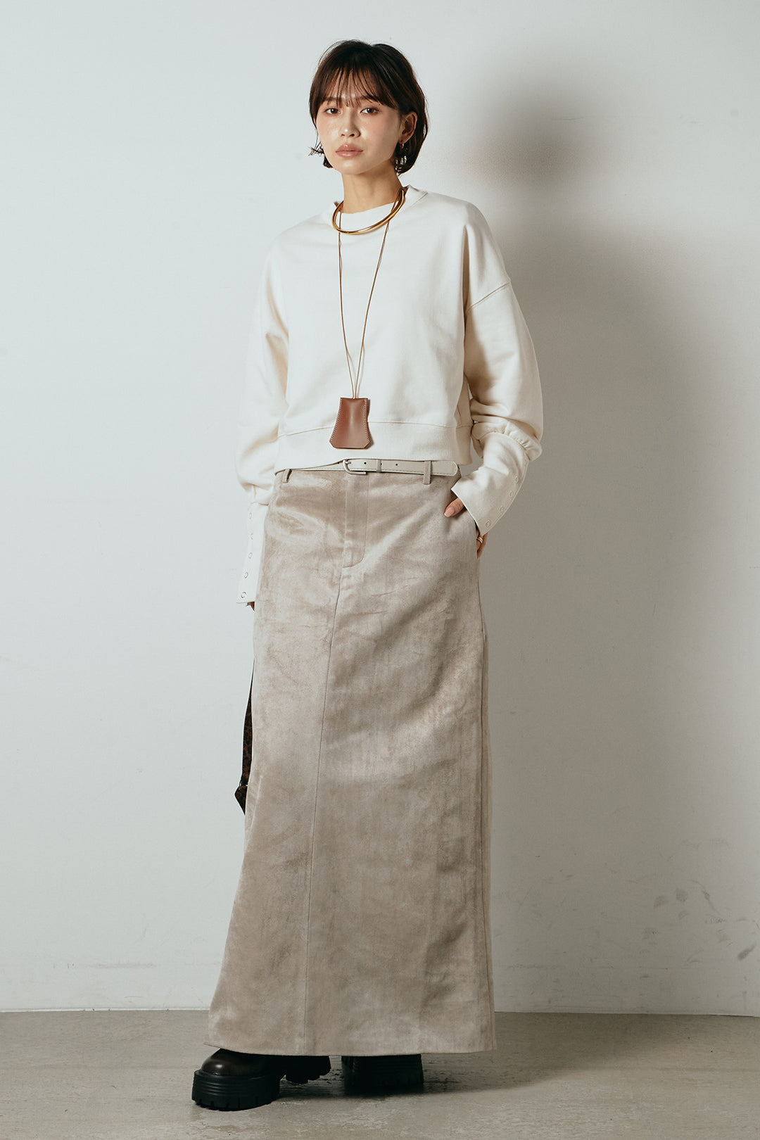 [SET]裏毛バックオープンプルオーバー+エコスウェードワイドスカート+ストレッチレースクルーネックインナー(3set)