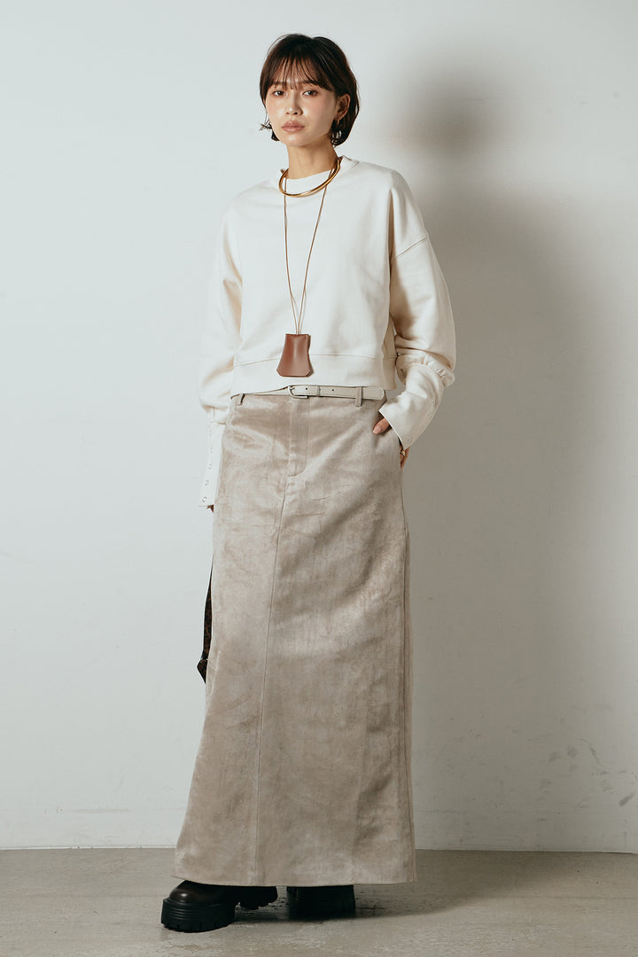 [SET]裏毛バックオープンプルオーバー+エコスウェードワイドスカート+ストレッチレースクルーネックインナー(3set)