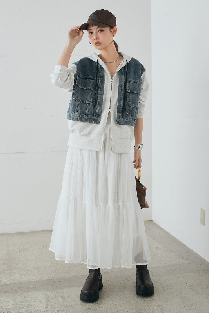 [SET]デニム切替ポンチダブルジップパーカー+ボリュームシルエットチュールスカート(2set)