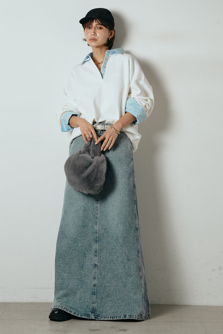 [SET]ストライプシャツドッキングポロトップス+デニムロングフレアスカート(2set)