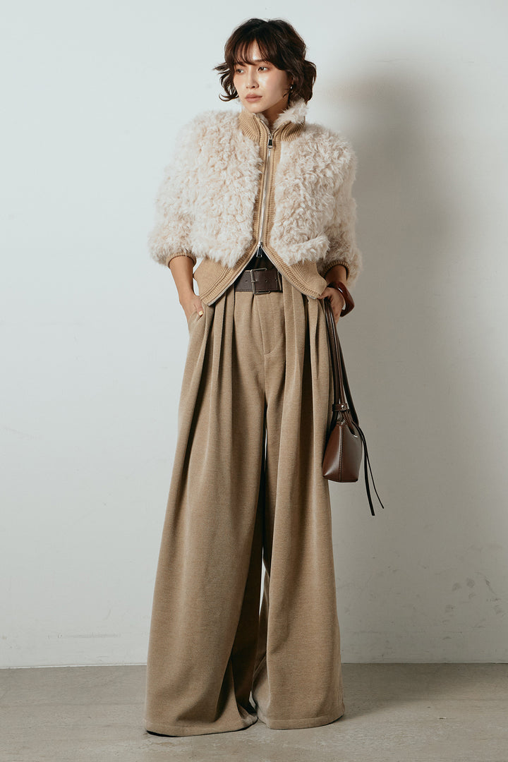 [SET]ハイネックショート丈ボアジップブルゾン+ベルトループコーデュロイワイドパンツ(2set)