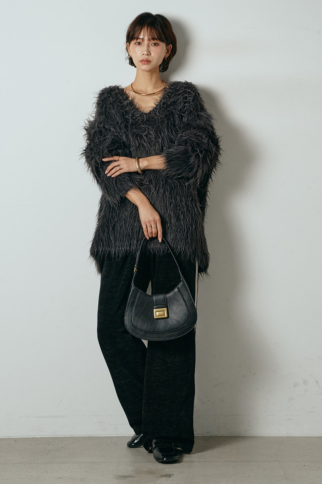 [SET]深Vネックシャギーニットトップス+リラックスサイドラインベロアワイドパンツ(2set)