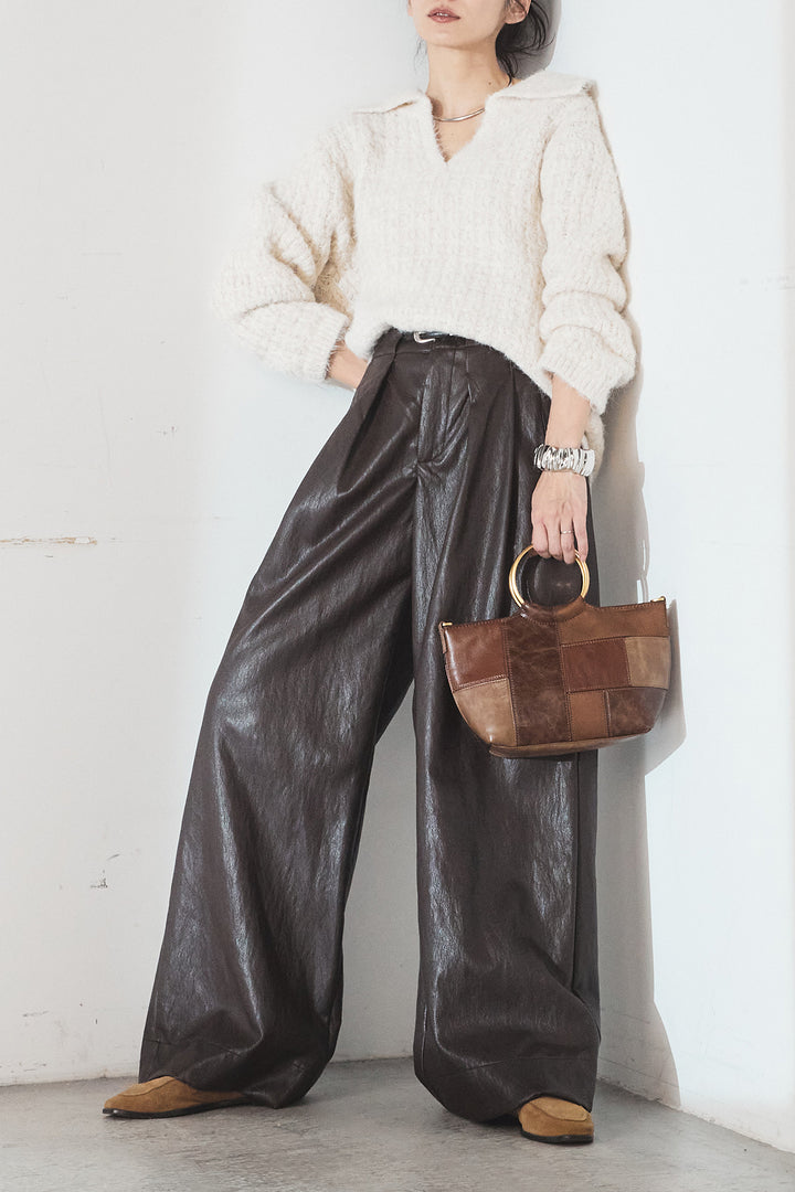 [SET]襟付きVネックニットトップス+ベルト付きレザーライクタックパンツ(2set)