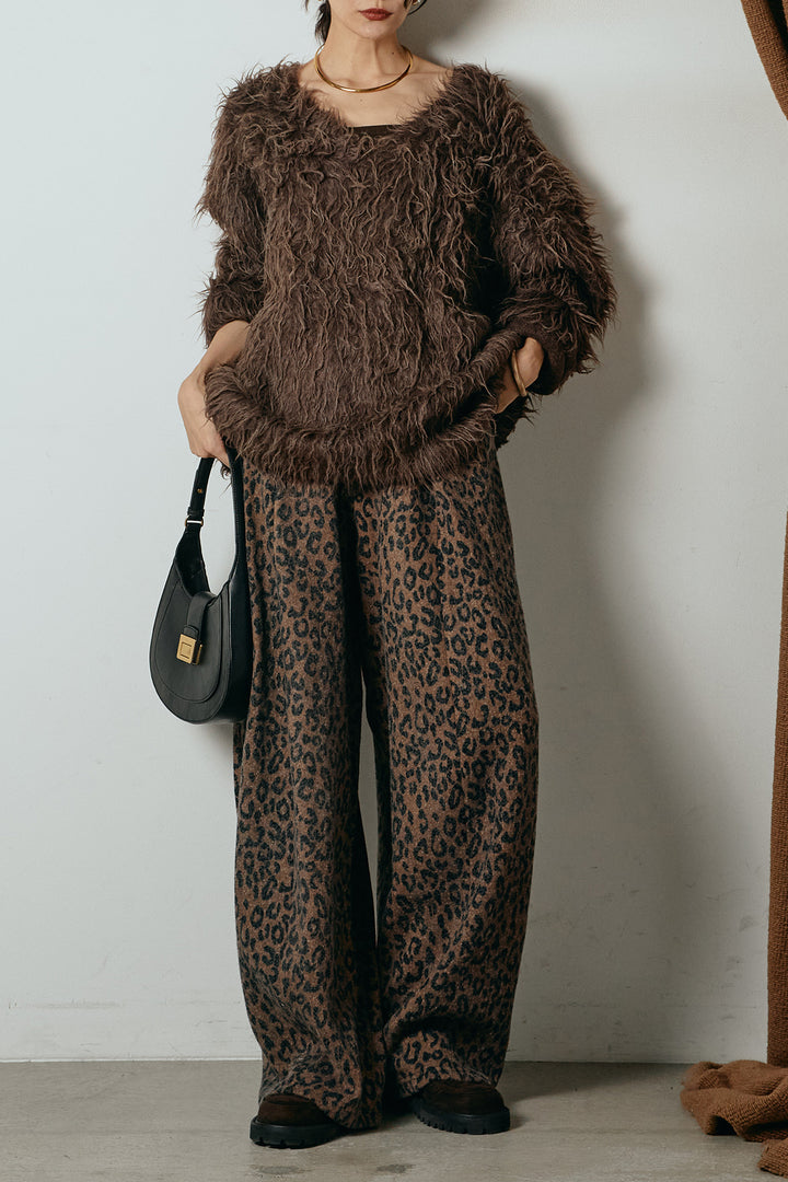 [SET]深Vネックシャギーニットトップス+リラックスレオパード柄ワイドパンツ(2set)