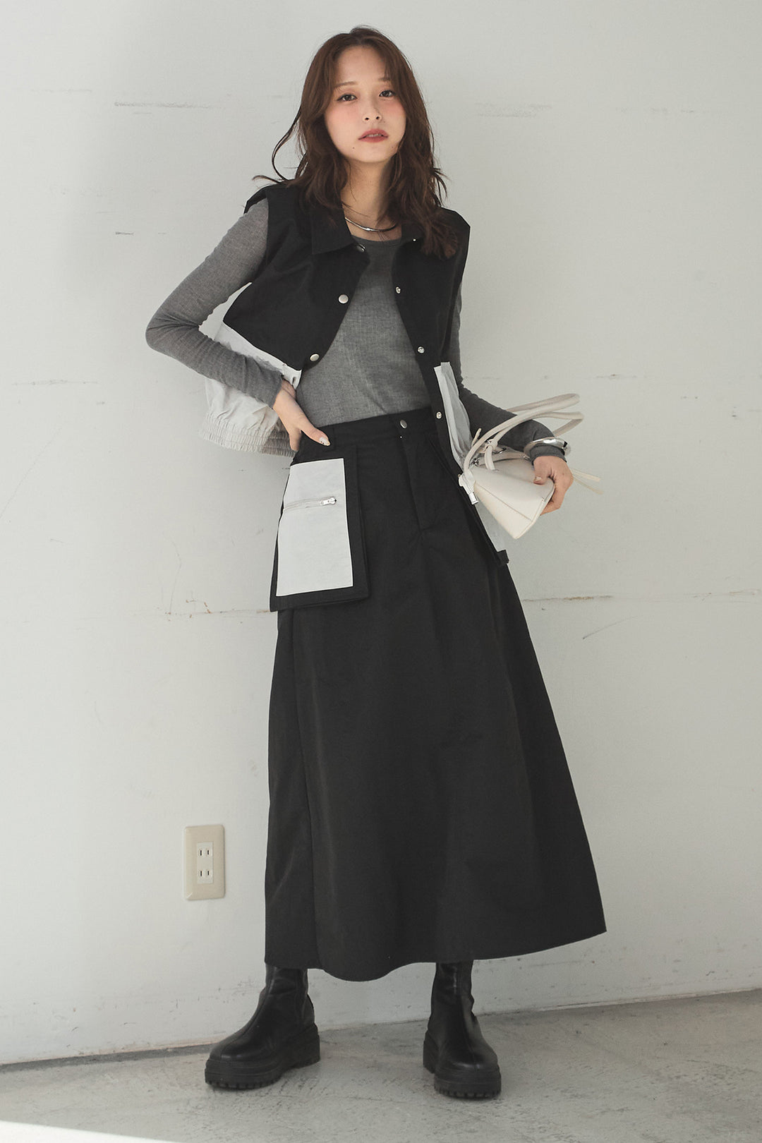 [SET]襟付きナイロンベスト+サイドデザインナイロンスカート(2set)