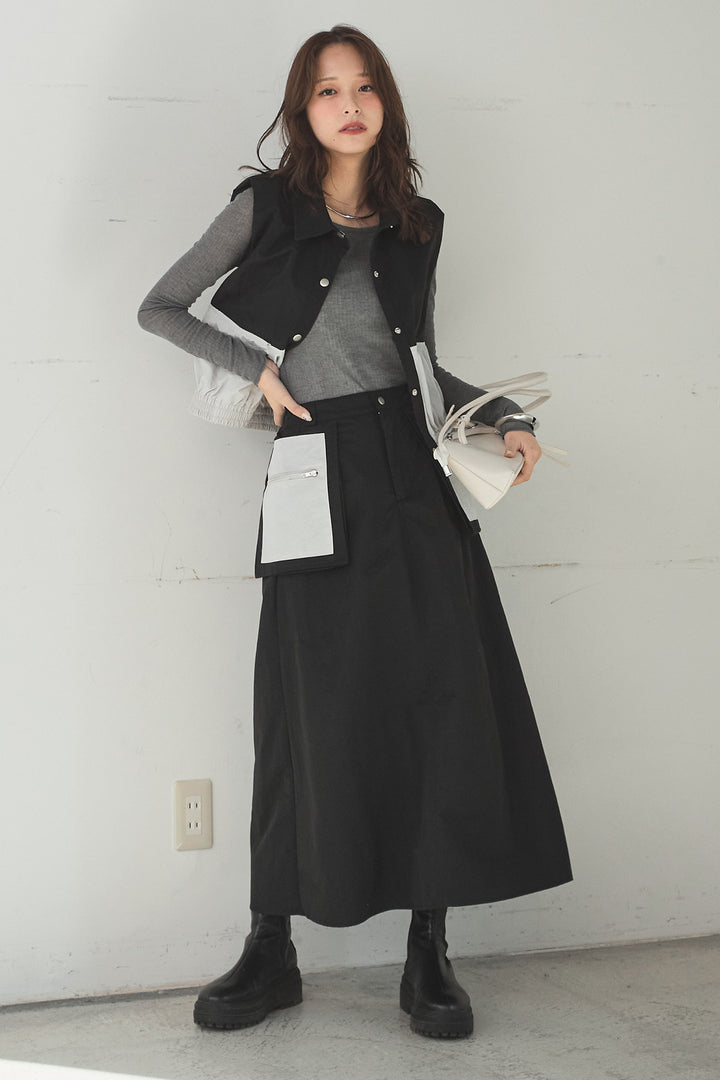 [SET]襟付きナイロンベスト+サイドデザインナイロンスカート(2set)
