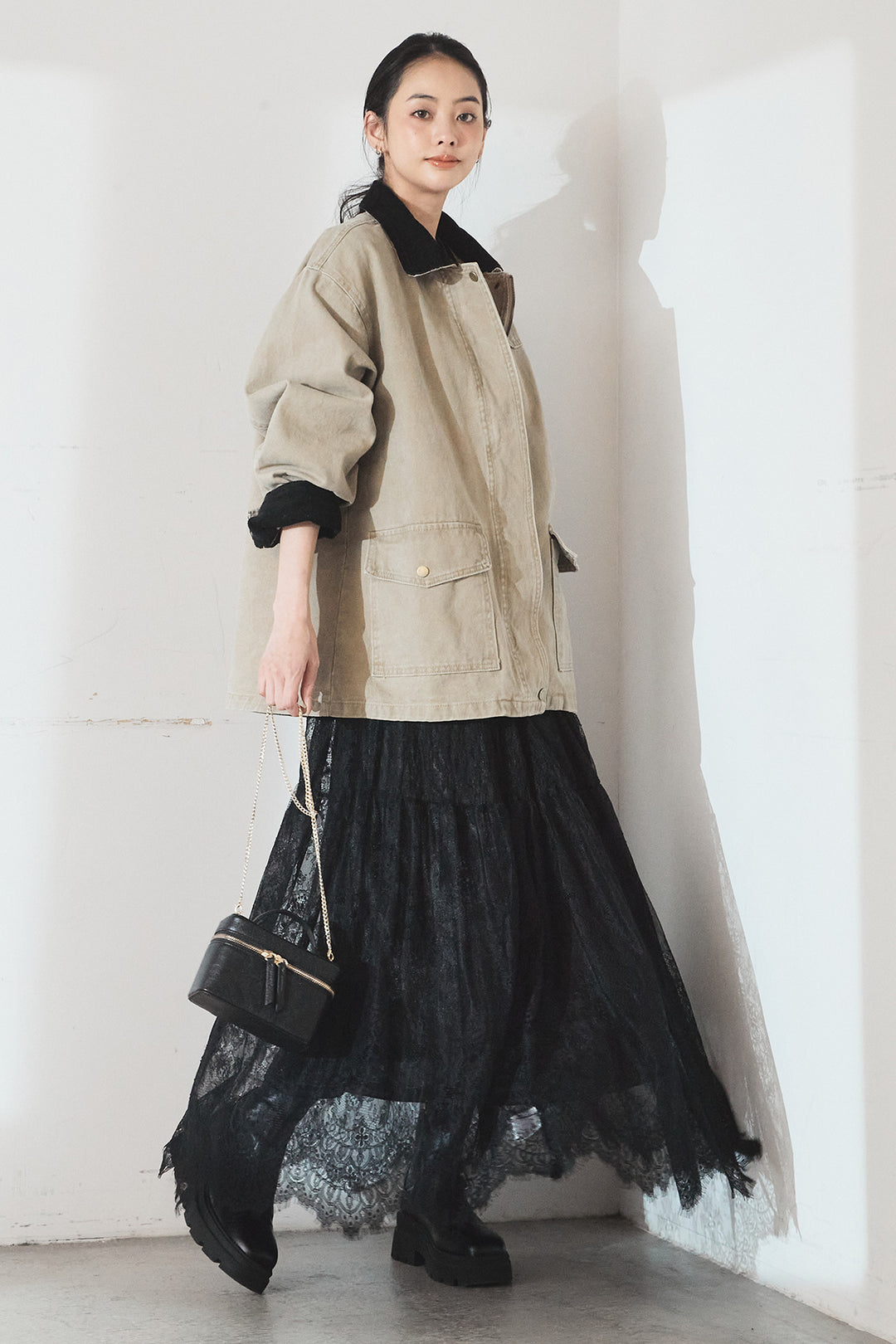 [SET]襟コーデュロイデザインデニム調カバーオール+ひげレース切替ロング丈スカート(2set)