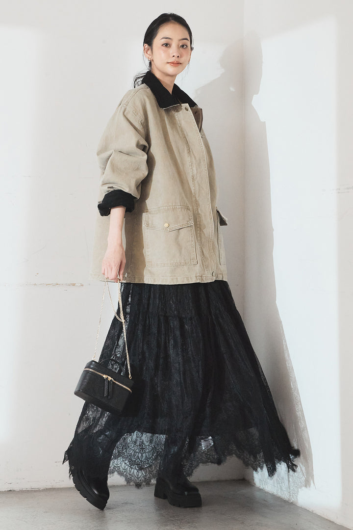 [SET]襟コーデュロイデザインデニム調カバーオール+ひげレース切替ロング丈スカート(2set)