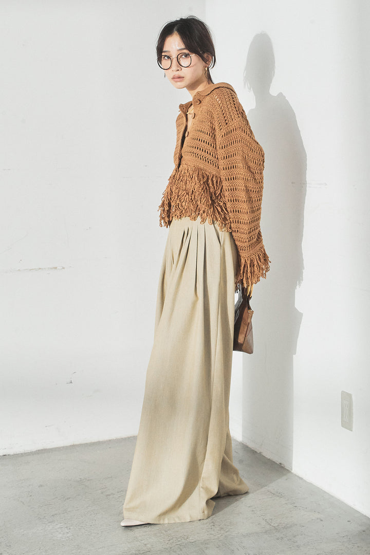 [SET]メッシュフリンジカーディガン+編みベルト付きウエストタックワイドパンツ(2set)