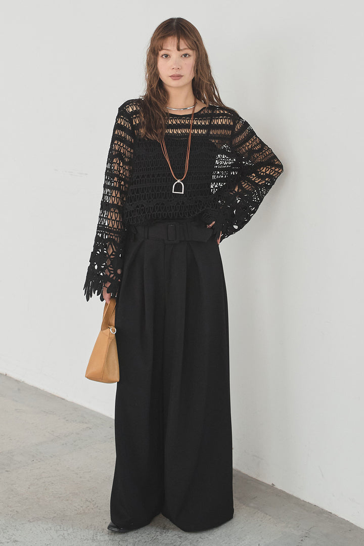 [SET]裾デザインメッシュプルオーバー+ベルト付きツータックワイドパンツ(2set)