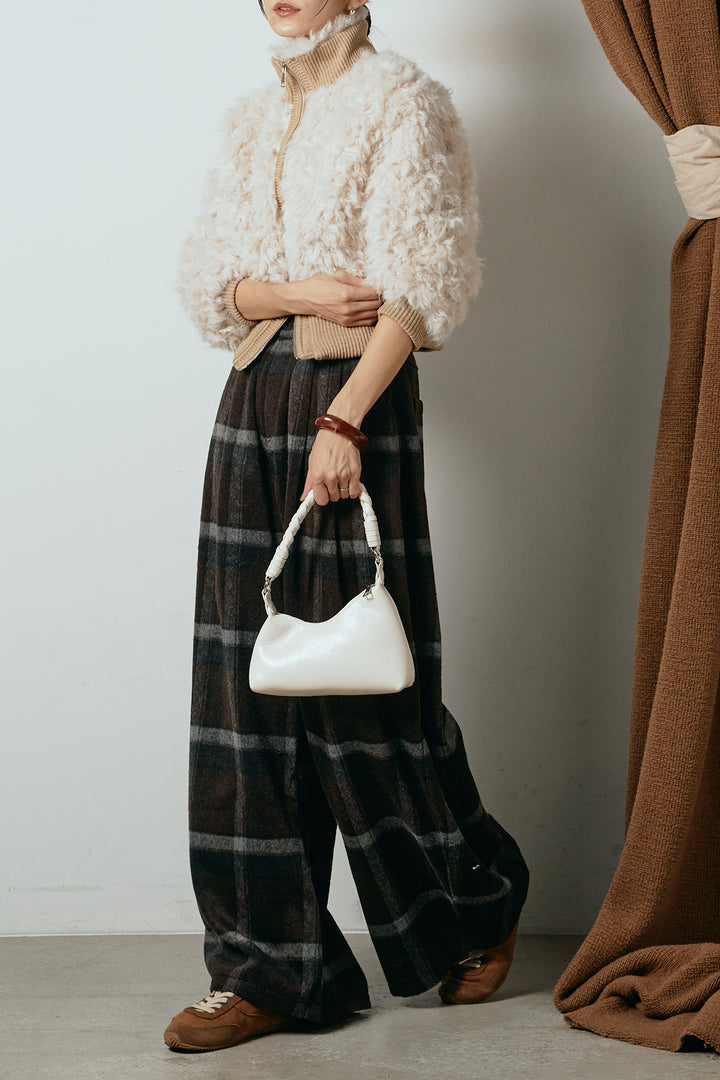 [SET]ハイネックショート丈ボアジップブルゾン+起毛タータンチェック柄ワイドパンツ(2set)
