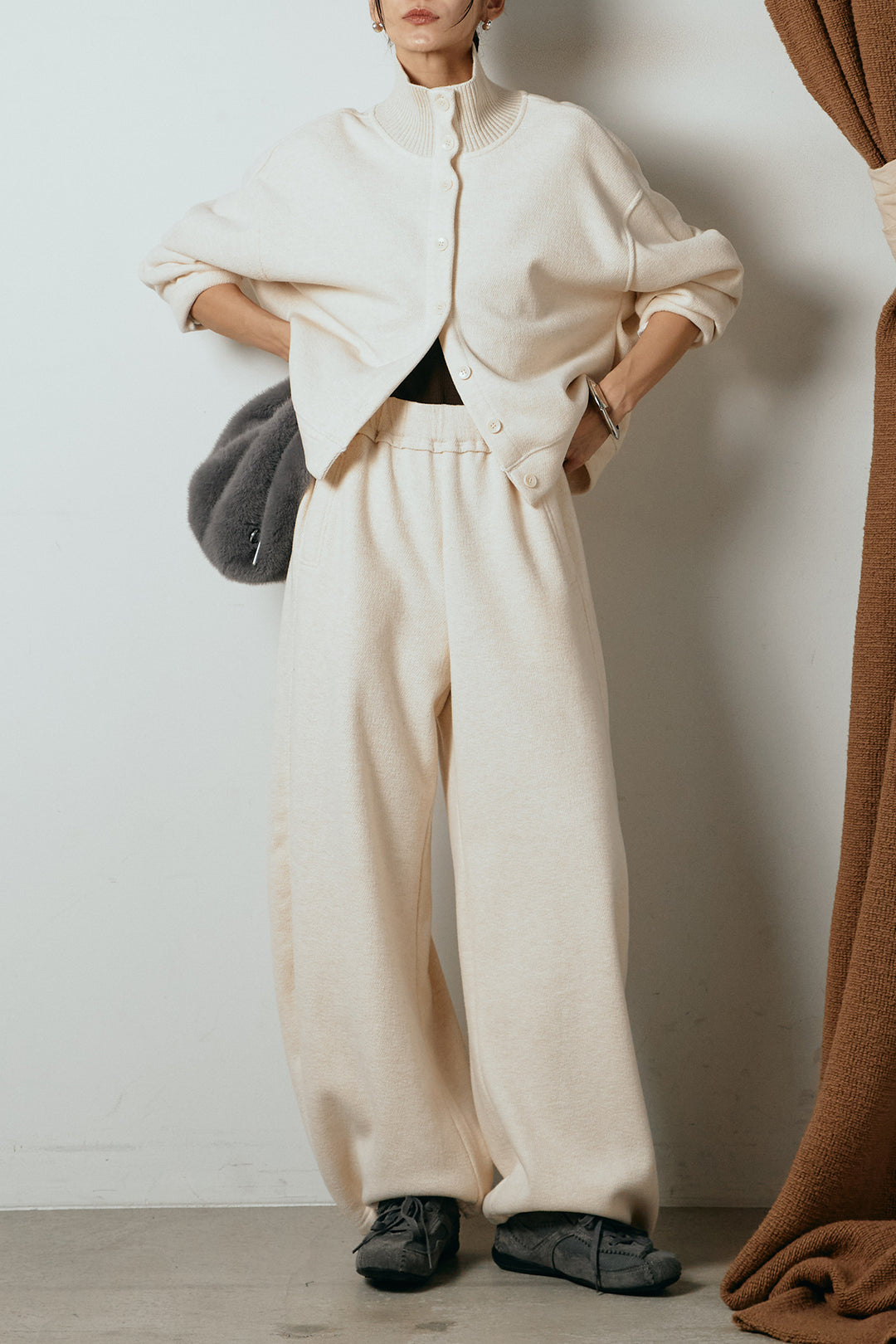 [SET]リブスタンドネックボタントップスSETUP